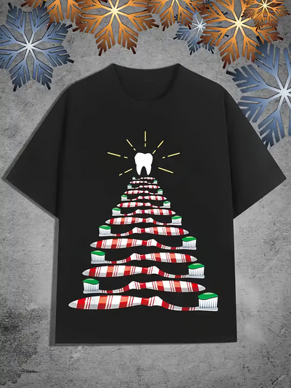 Men's Graphic T-Shirt Shining Tooth With Festive Toothpaste Tubes Arranged Like Christmas Tree