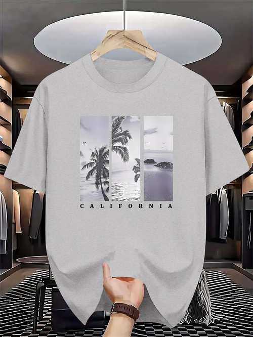 Men's Graphic T-Shirt California Scenic Beach With Palm Trees And Tranquil Ocean View