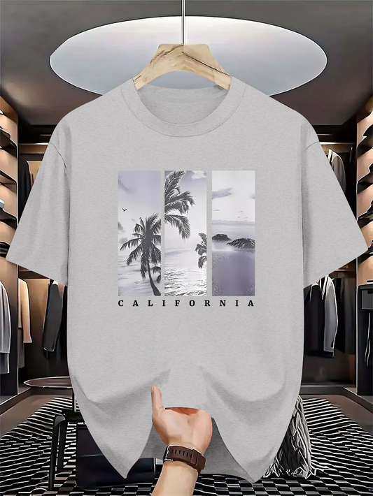 Men's Graphic T-Shirt California Scenic Beach With Palm Trees And Tranquil Ocean View