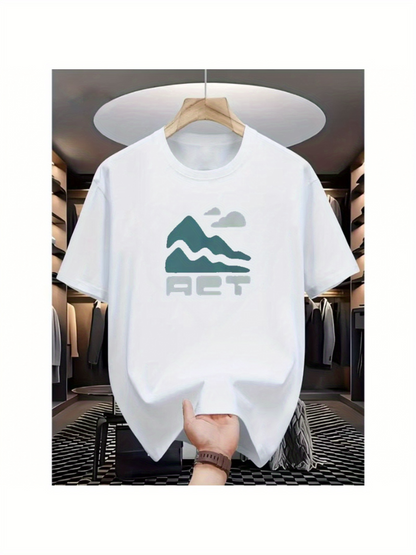 Men's Graphic T-Shirt ACT Stylized Mountain With Cloud Above Simple White T Shirt
