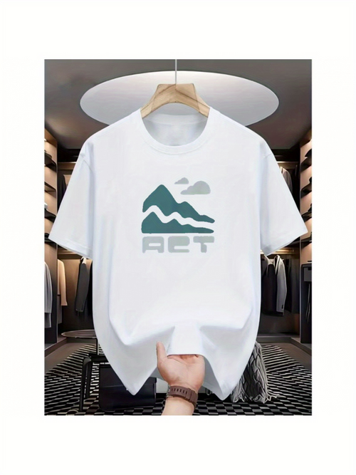 Men's Graphic T-Shirt ACT Stylized Mountain With Cloud Above Simple White T Shirt