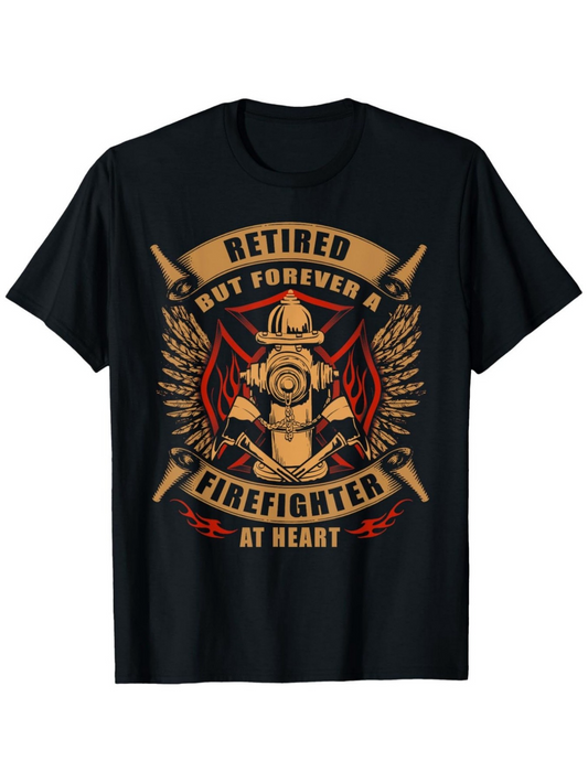 Men's Graphic T-Shirt Retired But Forever A Firefighter At Heart Emblem With Tools Flames Wings Hydrant