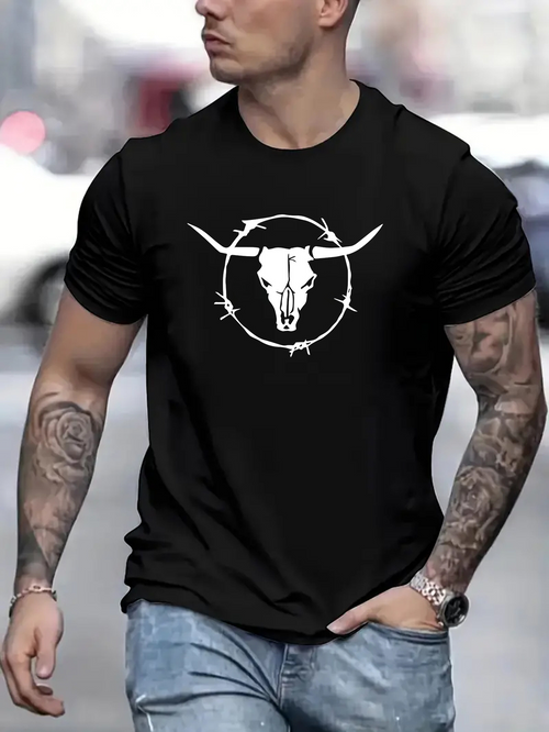 Men's Graphic T-Shirt Barbed Wire Framing A Bold Western Bull Skull