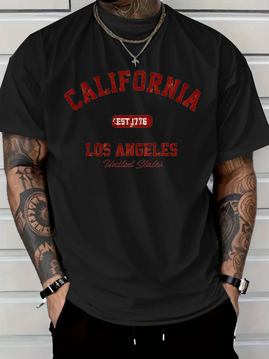 Men's Graphic T-Shirt California Est 1978 Los Angeles Red Letters On Black Tee