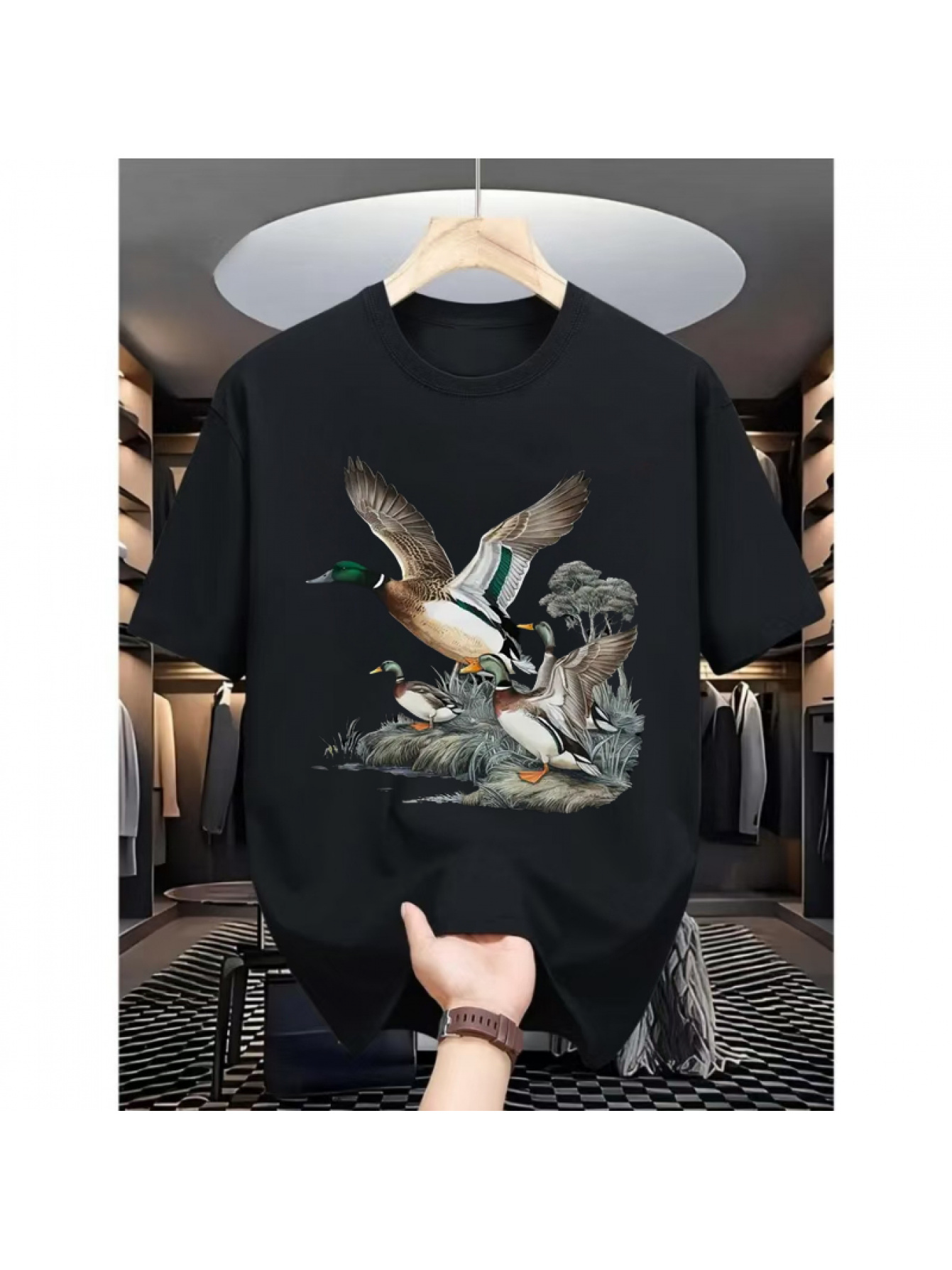 Men's Graphic T-Shirt Wings Spread Among Rippling Water Trees And Reflected Colors Duck