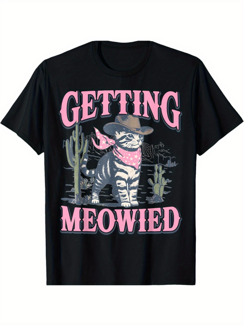 Men's Graphic T-Shirt Getting Meowied Adorable Tabby Cat Wearing Cowboy Hat In Desert Landscape