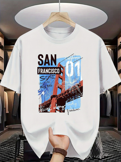 Men's Graphic T-Shirt San Francisco Skyline With Blue Sky And Iconic Bridge