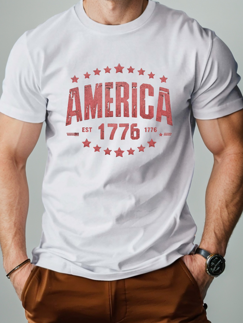 Men's Graphic T-Shirt America Est 1776 Surrounded By Red Stars Bold Text Shirt