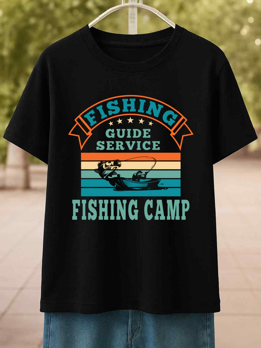 Men's Graphic T-Shirt Fishing Guide Service Summer Sunset Lake With Angler And Striped Horizon Fishing Camp