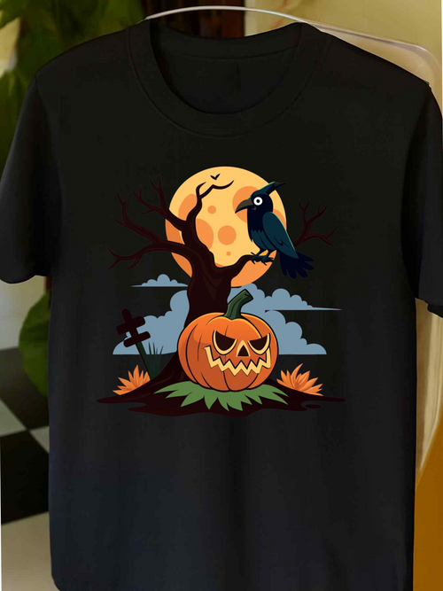 Men's Graphic T-Shirt Glowing Moonlight With Crow On Pumpkin And Bare Trees