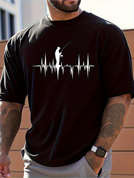 Men's Graphic T-Shirt Heartbeat Line With Fisherman Fishing Under Sunny Skies