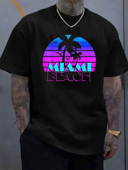 Men's Graphic T-Shirt Miami Beach Neon Sunset With Palm Silhouette And Retro Gradient Circle