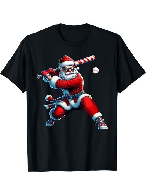 Men's Graphic T-Shirt Swinging Santa With Red Suit And Candy Cane Baseball Bat Santa Claus