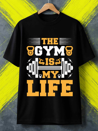 Men's Graphic T-Shirt The Gym Is My Life Bold Lettering With Barbell And Kettlebell Elements Fitness T Shirt