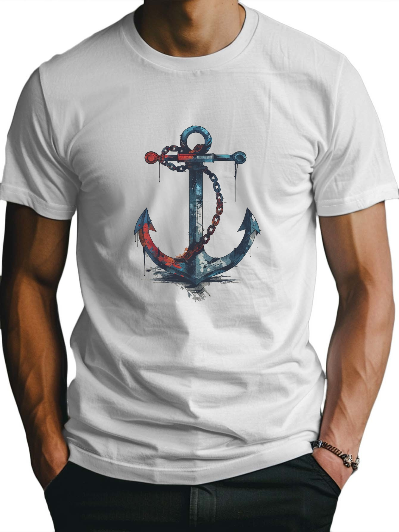 Men's Graphic T-Shirt Watercolor Paint Texture With Rusty Metal Chain Wrapped Anchor