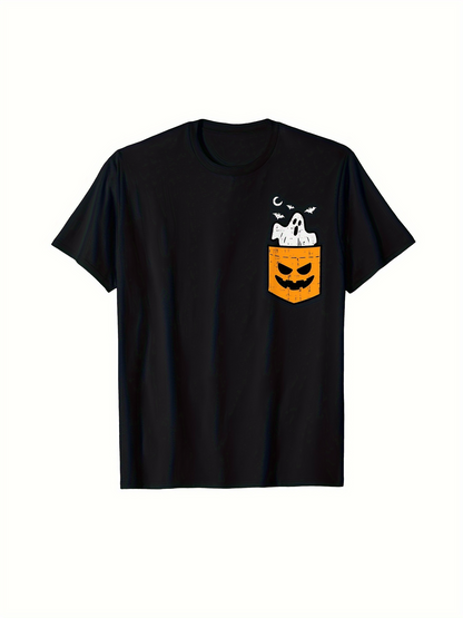 Men's Graphic T-Shirt Halloween Ghost Floating With Crescent Moon Over Orange Pumpkin Pocket