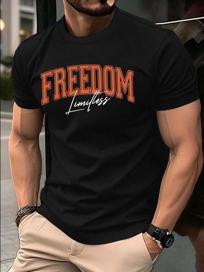 Men's Graphic T-Shirt Freedom Limitless Bold Orange Letters On Black Cotton Shirt