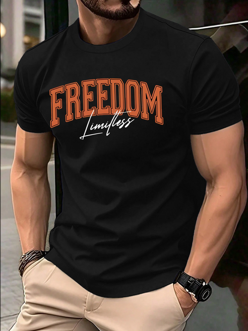 Men's Graphic T-Shirt Freedom Limitless Bold Orange Letters On Black Cotton Shirt