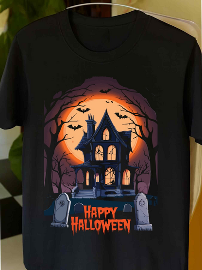 Men's Graphic T-Shirt Happy Halloween Haunted House With Bats And Tombstones Under Full Moon