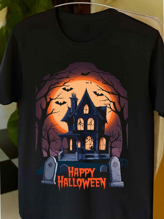 Men's Graphic T-Shirt Happy Halloween Haunted House With Bats And Tombstones Under Full Moon