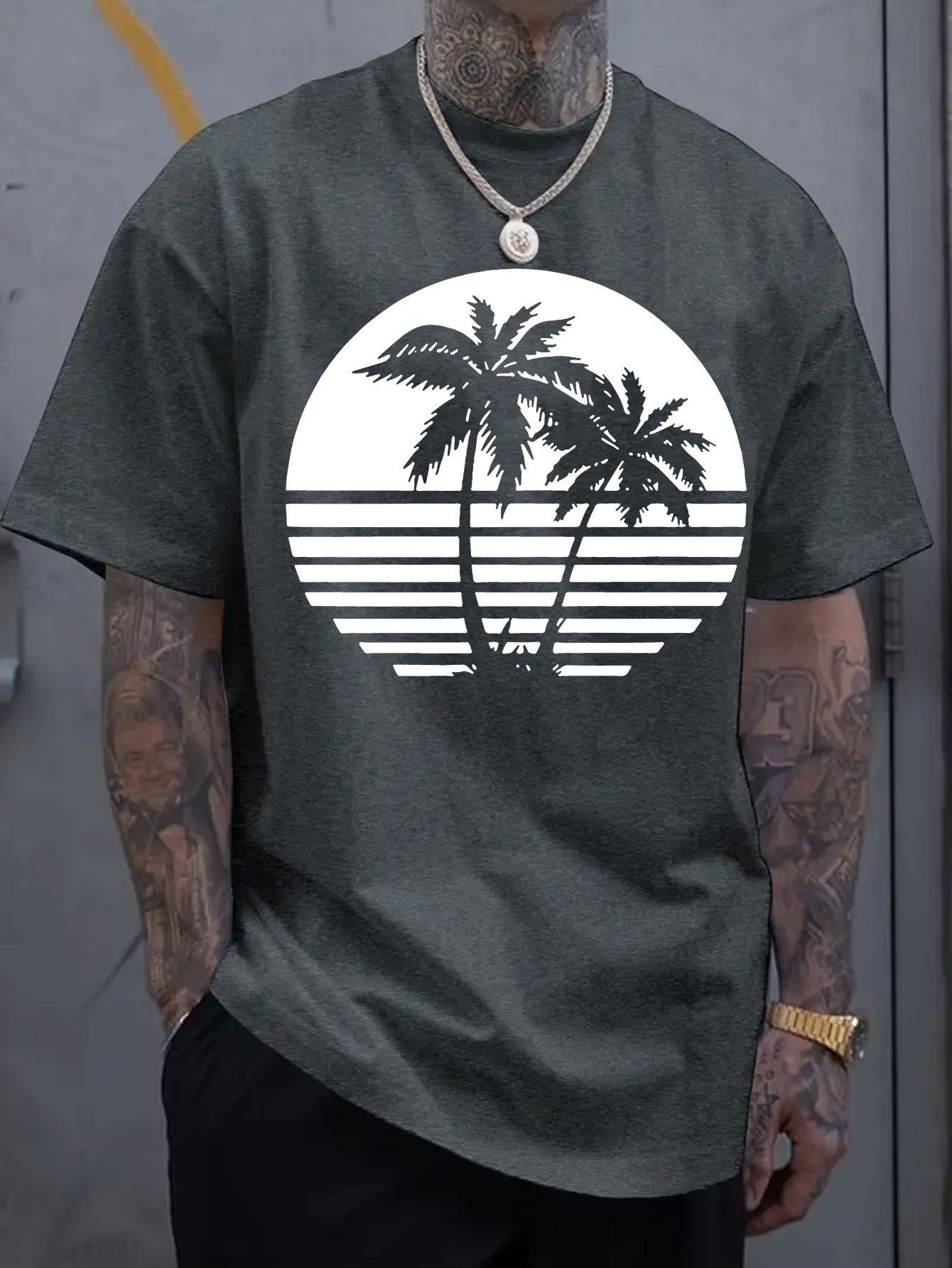 Men's Graphic T-Shirt Relaxed Moonlit Horizon With Two Palm Trees Silhouetted By Gentle Sunset