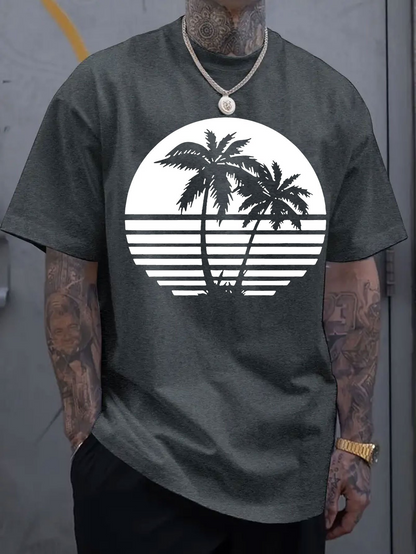 Men's Graphic T-Shirt Relaxed Moonlit Horizon With Two Palm Trees Silhouetted By Gentle Sunset