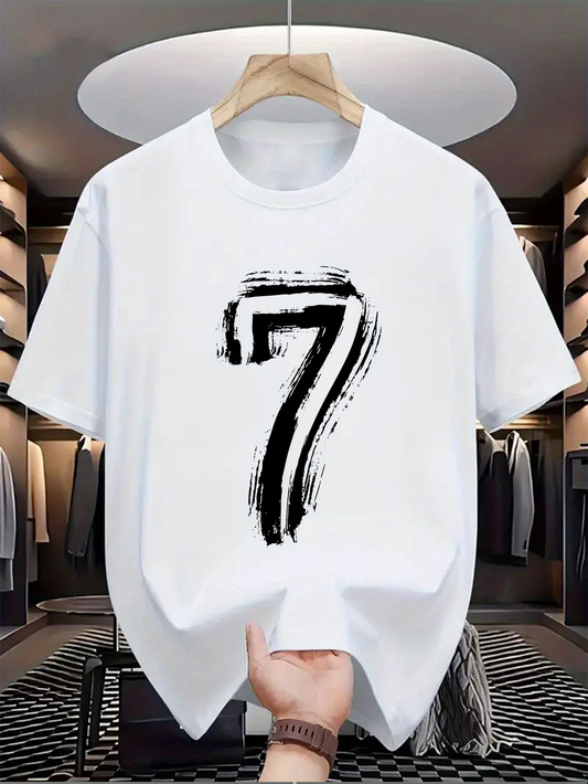 Men's Graphic T-Shirt Expressive Black Brushstroke Artistic Number Seven