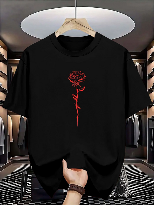 Men's Graphic T-Shirt Velvet Petals With A Single Red Stemmed Rose