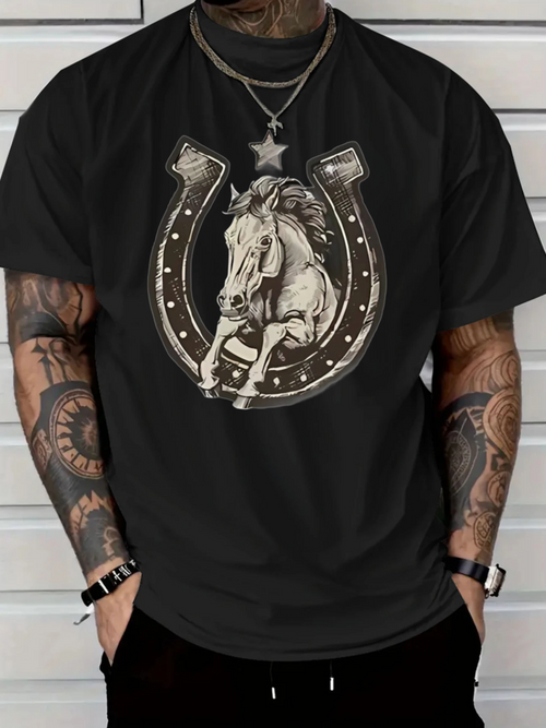 Men's Graphic T-Shirt Galloping Horse Surrounded By Bold Metallic Horseshoe Pattern