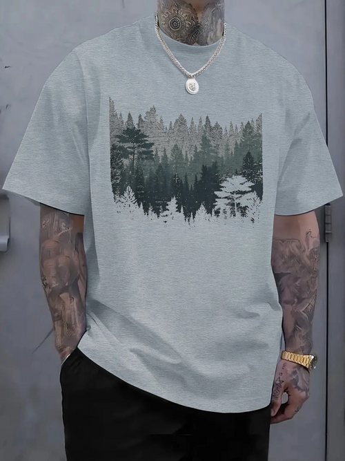 Men's Graphic T-Shirt Layered Green Mist With Dense Forest Pine Trees