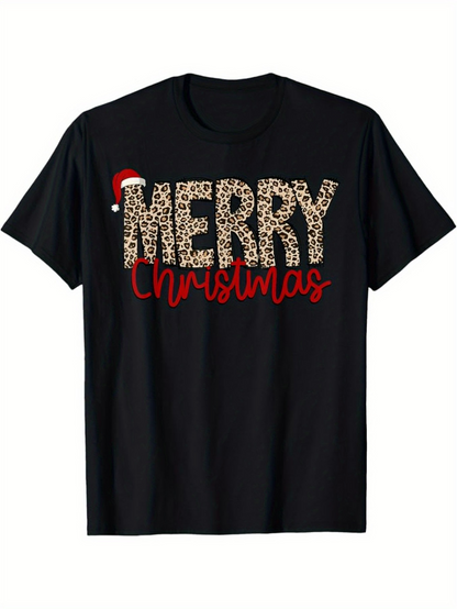 Men's Graphic T-Shirt Merry Christmas Leopard Print Pattern With Red Holiday Santa Hat