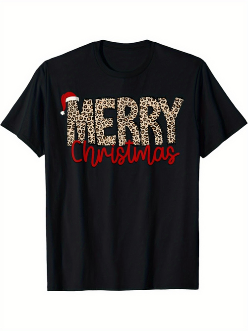 Men's Graphic T-Shirt Merry Christmas Leopard Print Pattern With Red Holiday Santa Hat