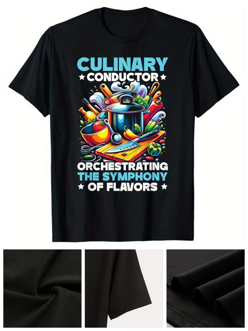 Men's Graphic T-Shirt Culinary Conductor Orchestrating Symphony Flavors With Colorful Kitchen Utensils Chef Hat