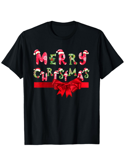 Men's Graphic T-Shirt Merry Christmas With Candy Canes Red Ribbon And Festive Holiday Bow