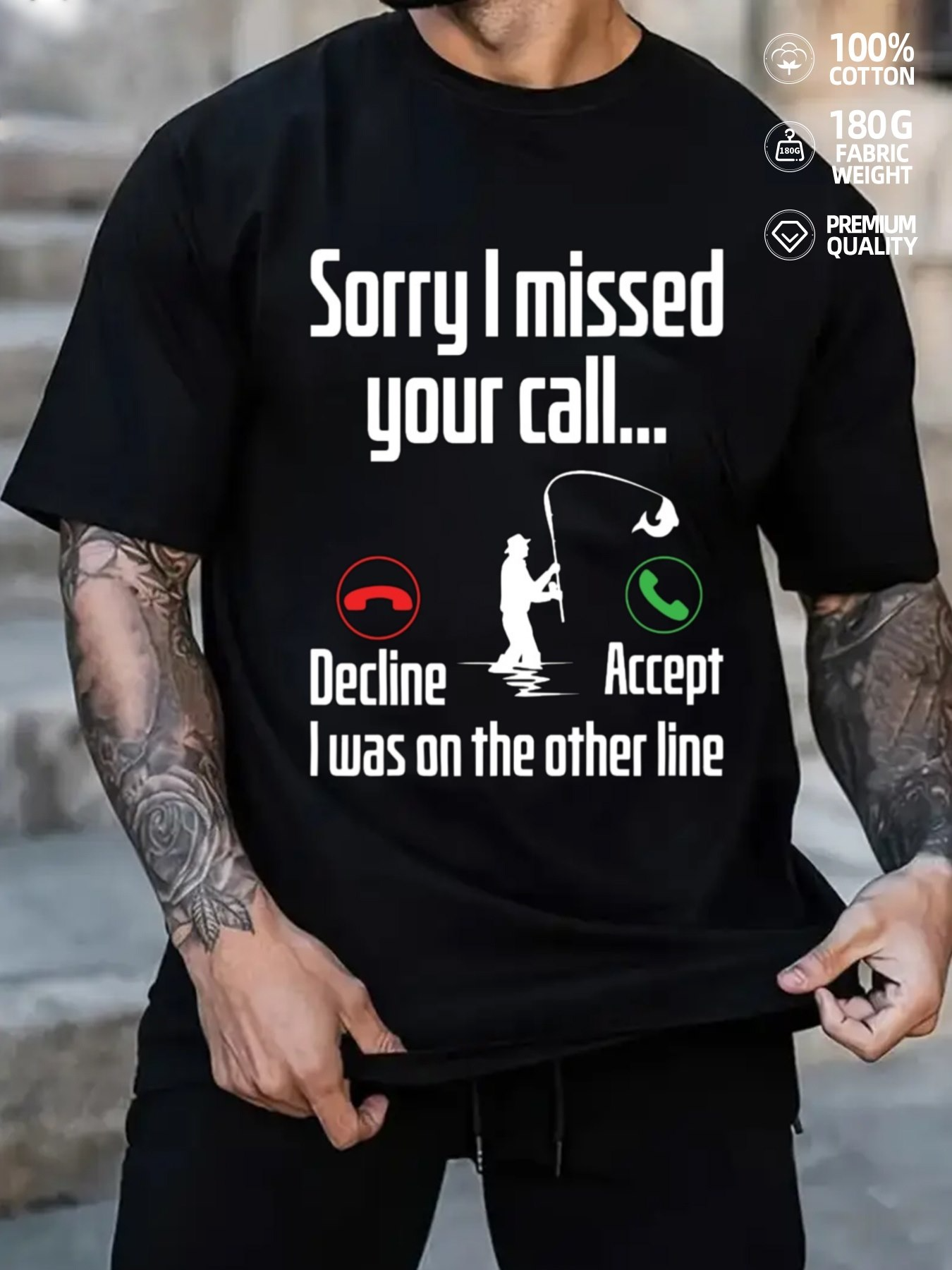 Men's Graphic T-Shirt Sorry I Missed Your Call With Fishing Rod And Minimalist Icons Fisherman