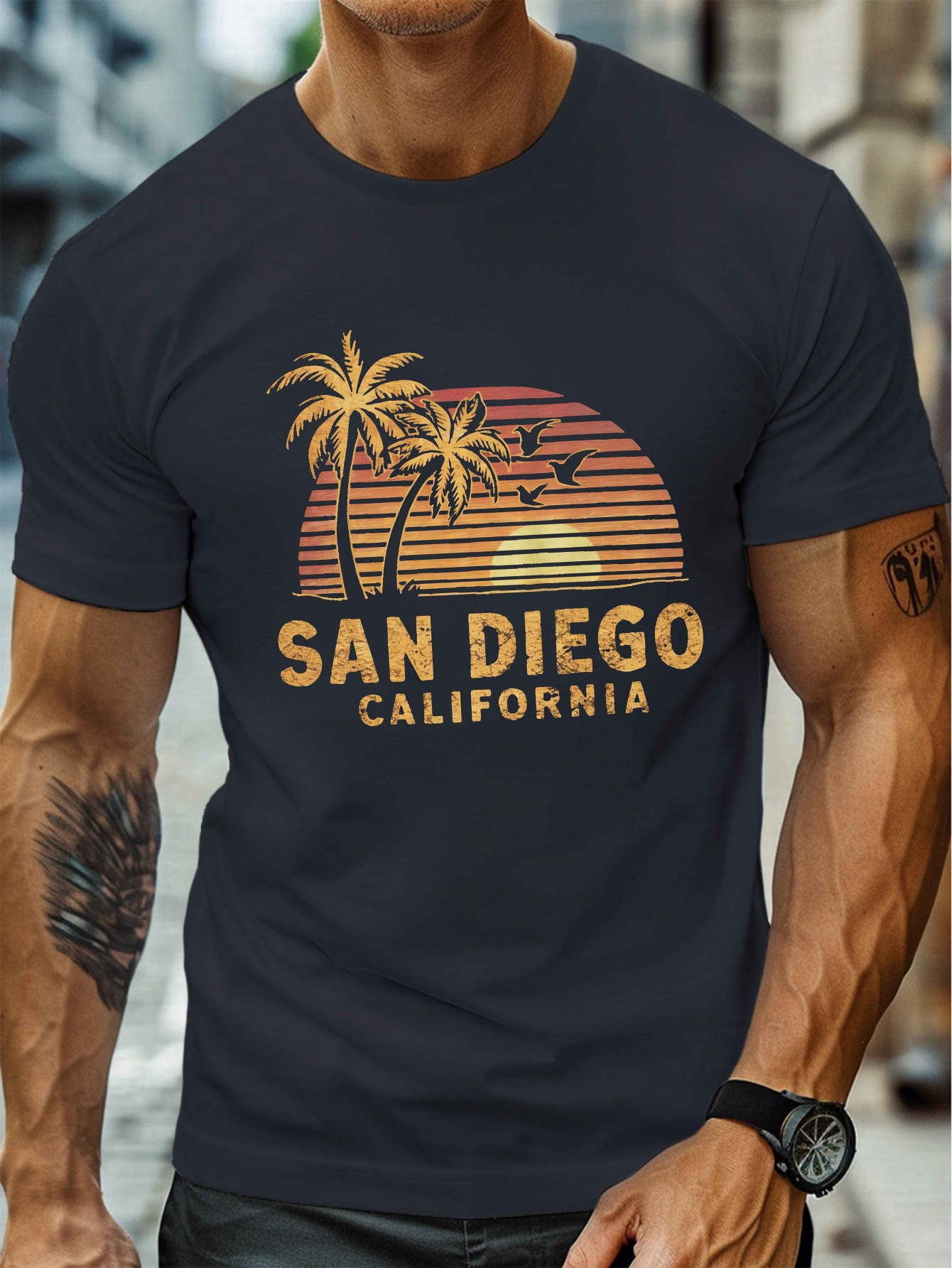 Men's Graphic T-Shirt San Diego California Vintage Sunset With Palm Trees Beach Scene