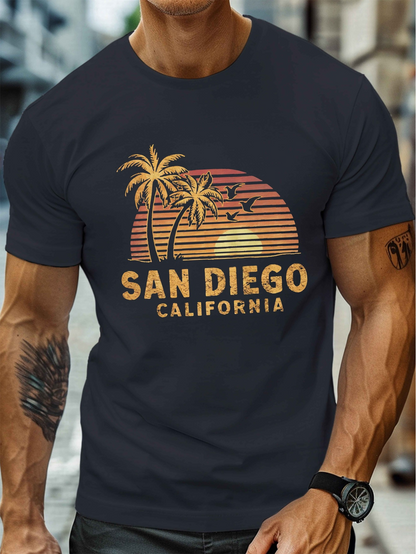 Men's Graphic T-Shirt San Diego California Vintage Sunset With Palm Trees Beach Scene