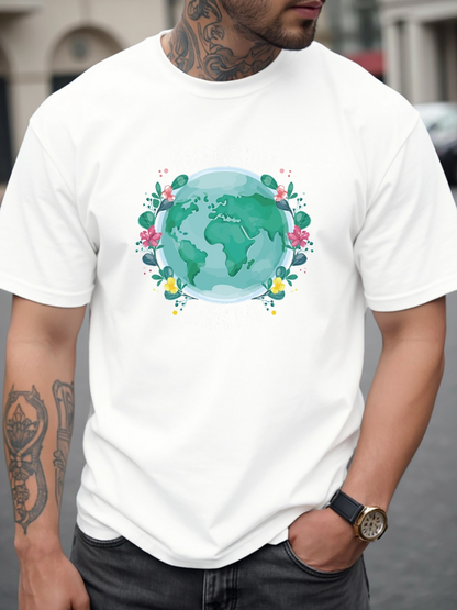 Men's Graphic T-Shirt Blooming Floral Arrangement Surrounding A Peaceful Green Blue Earth