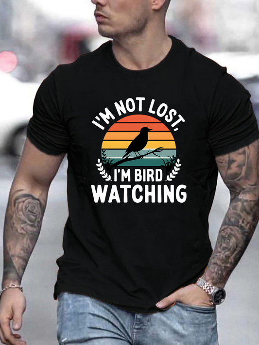 Men's Graphic T-Shirt Im Not Lost Im Bird Watching Retro Sunset Silhouette With Blackbird Among Trees
