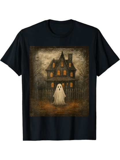 Men's Graphic T-Shirt Eerie Haunted Mansion Looming Under Moonlight With Ghostly White Spirit