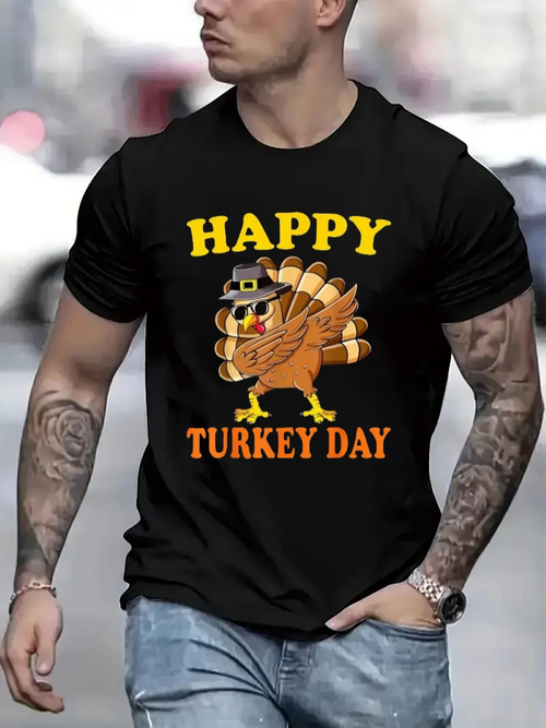 Men's Graphic T-Shirt Happy Turkey Day Cartoon Pilgrim Turkey With Festive Feathers Wearing Hat