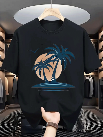Men's Graphic T-Shirt Golden Sunset Reflections With Blue Palms And Tranquil Island