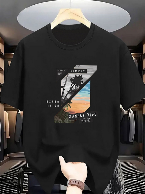 Men's Graphic T-Shirt Simple Sunny Vibe With Sunset Beach And Palm Tree