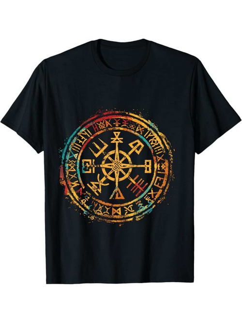 Men's Graphic T-Shirt Ancient Norse Symbols In Fiery Colors Surrounding Magical Compass