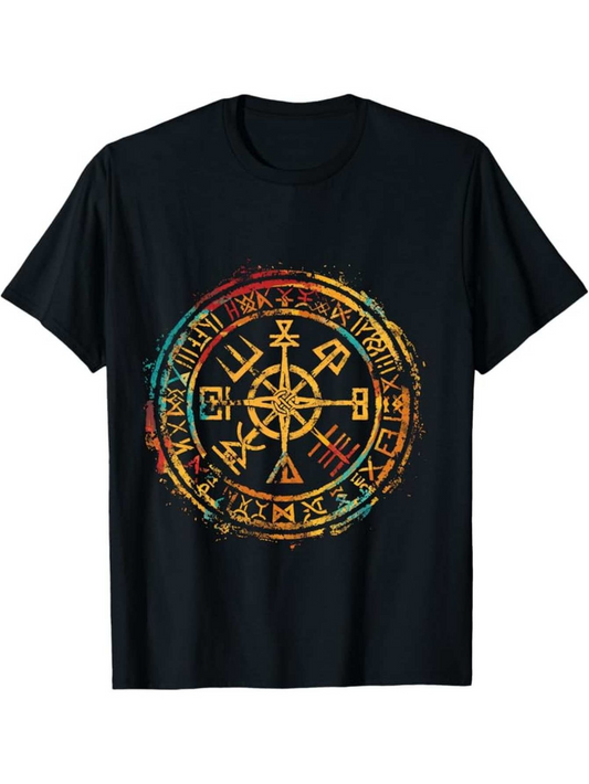 Men's Graphic T-Shirt Ancient Norse Symbols In Fiery Colors Surrounding Magical Compass