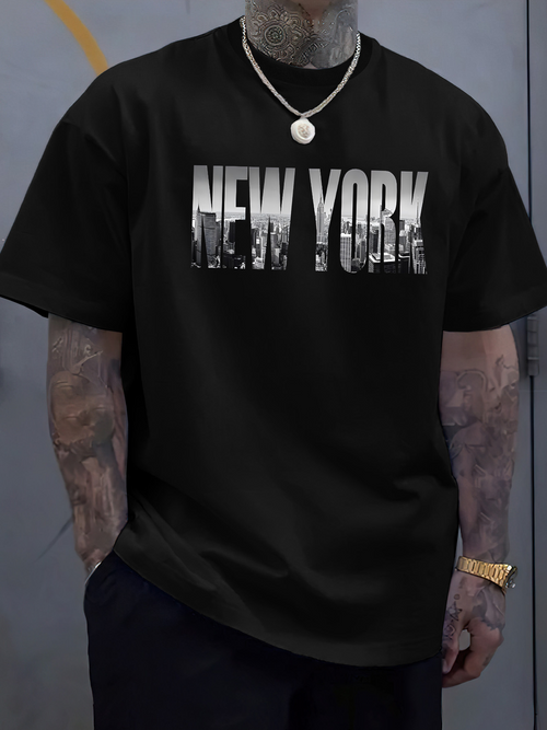Men's Graphic T-Shirt City Skyline Reflected In Large Bold Letters New York