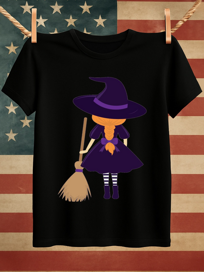 Men's Graphic T-Shirt Whimsical Halloween Night With Purple Dress Holding Broom Cartoon Witch