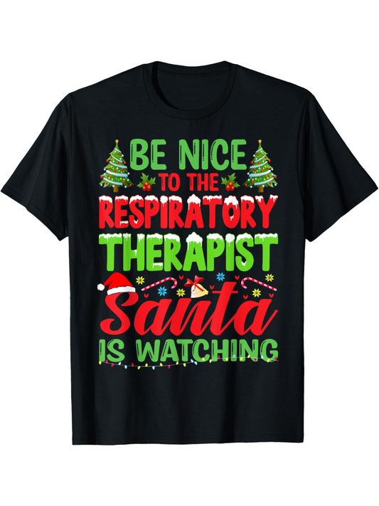 Men's Graphic T-Shirt Be Nice Santa Is Watching Christmas Trees Festive Lights Therapist