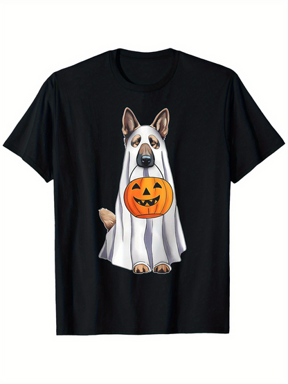 Men's Graphic T-Shirt Halloween Pumpkin Basket With Dog In Ghost Costume