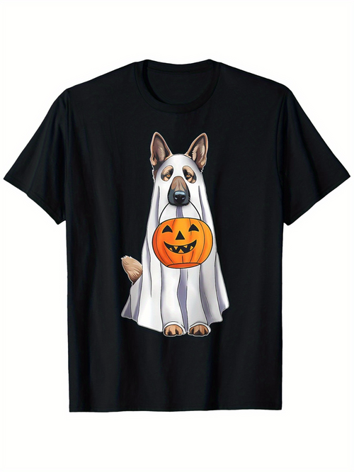 Men's Graphic T-Shirt Halloween Pumpkin Basket With Dog In Ghost Costume